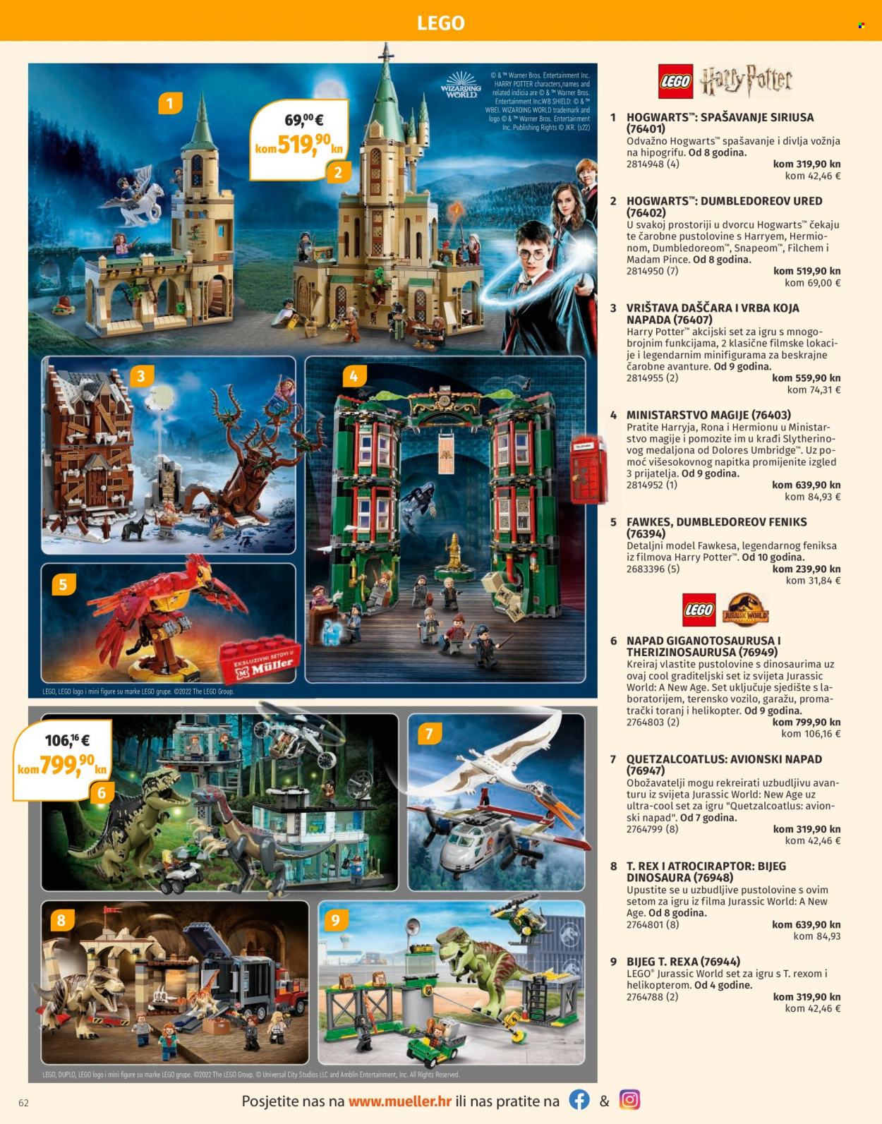 thumbnail - Müller katalog - 07.11.2022. - 31.12.2022. - Sniženi proizvodi - BROS, Jurassic World, Harry Potter, set za igru, LEGO, igračka, dječji auto, dinosaura. Stranica 62.