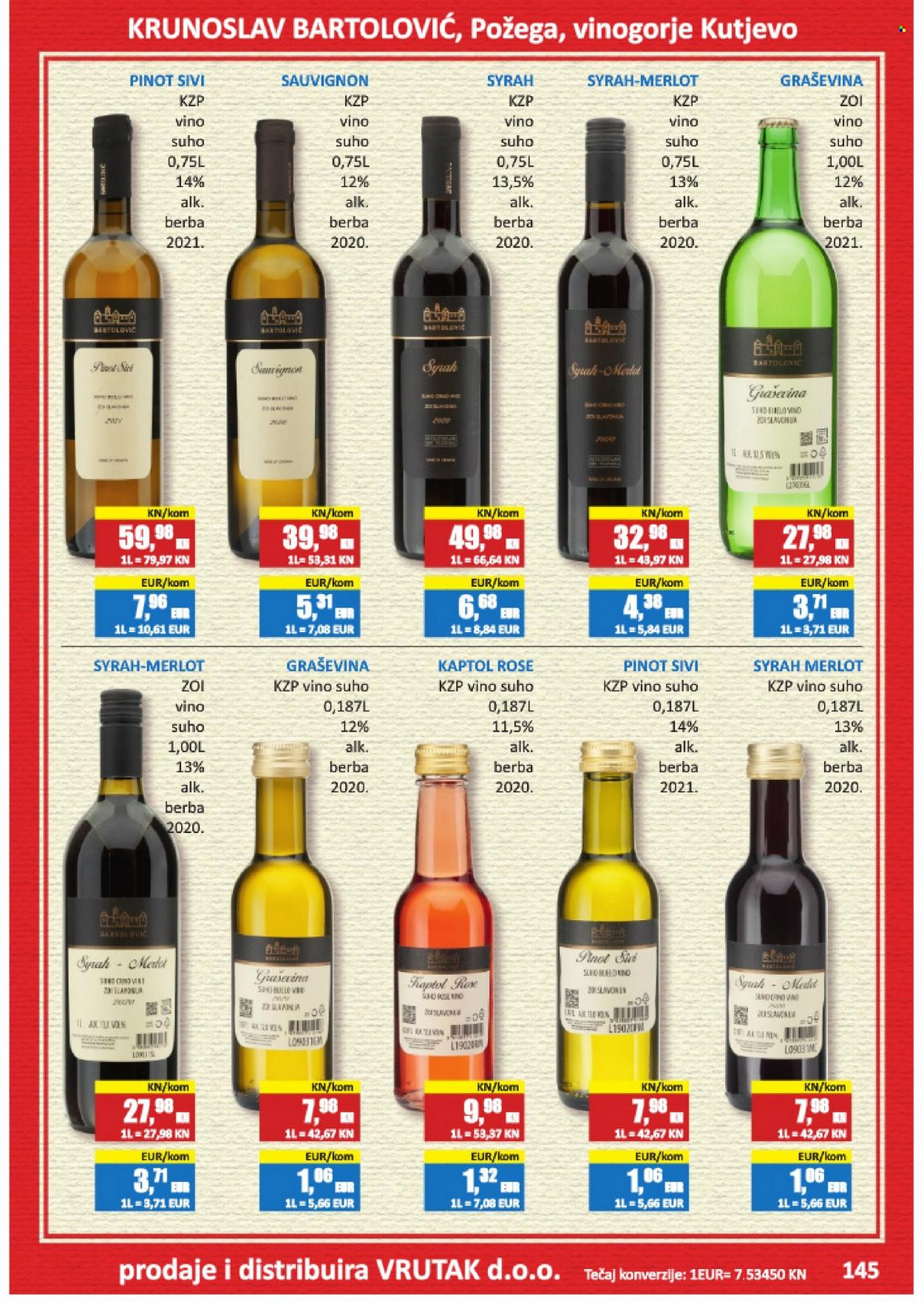 thumbnail - Vrutak katalog - Sniženi proizvodi - bijelo vino, crno vino, Graševina, Merlot, vino, Syrah, alkohol. Stranica 145.