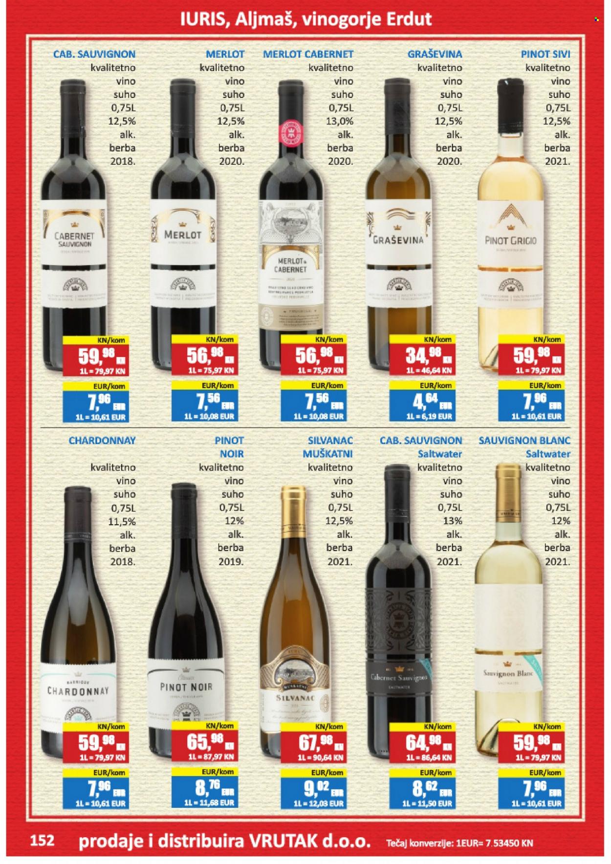 thumbnail - Vrutak katalog - Sniženi proizvodi - bijelo vino, Cabernet Sauvignon, crno vino, Graševina, Chardonnay, Merlot, Pinot Noir, Sauvignon Blanc, vino, alkohol, Erdutski vinogradi. Stranica 152.