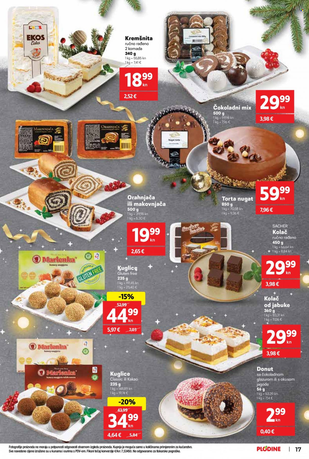 thumbnail - Plodine katalog - 23.11.2022. - 29.11.2022. - Sniženi proizvodi - desert, kremšnite, torta, makovnjača, orahnjača, pecivo, slatko pecivo, kolač, Sacher, donut. Stranica 17.