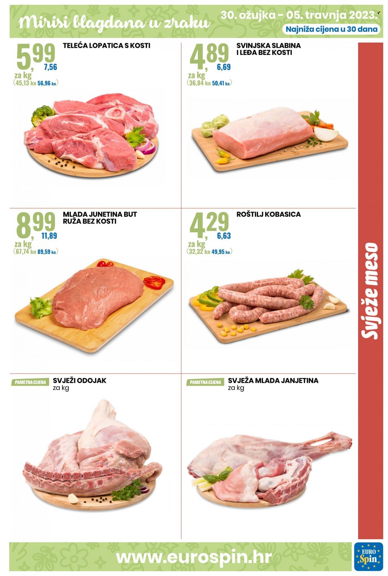 thumbnail - Eurospin katalog - 30.03.2023. - 05.04.2023. - Sniženi proizvodi - junetina, svinjska slabina i leđa, svinjsko meso, teleća lopatica, teletina, kobasica, kobasica roštiljska. Stranica 3.