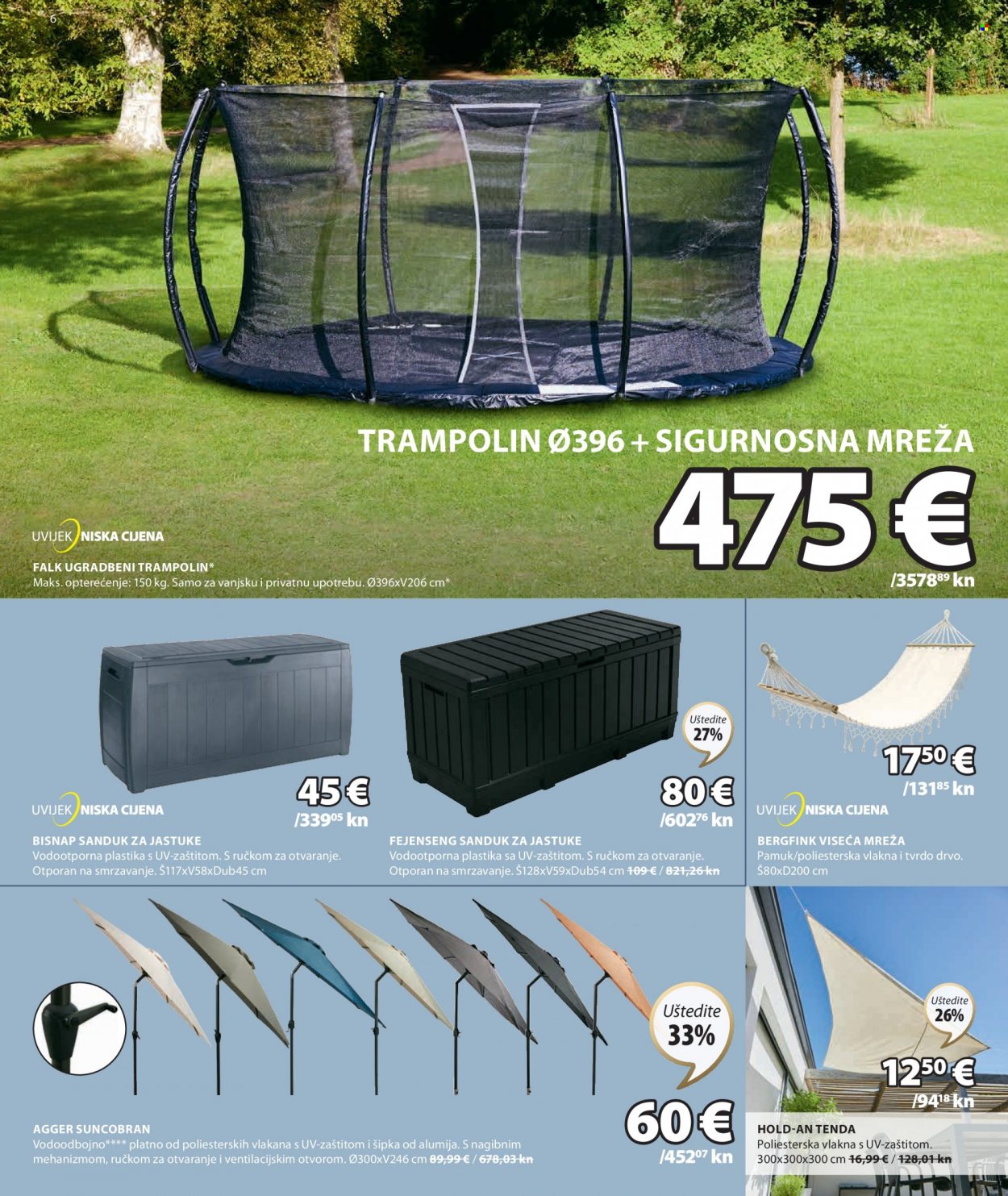 thumbnail - JYSK katalog - 11.05.2023. - 18.06.2023. - Sniženi proizvodi - trampolin, viseća mreža, sanduk, vrtna kutija, suncobran, tenda. Stranica 6.