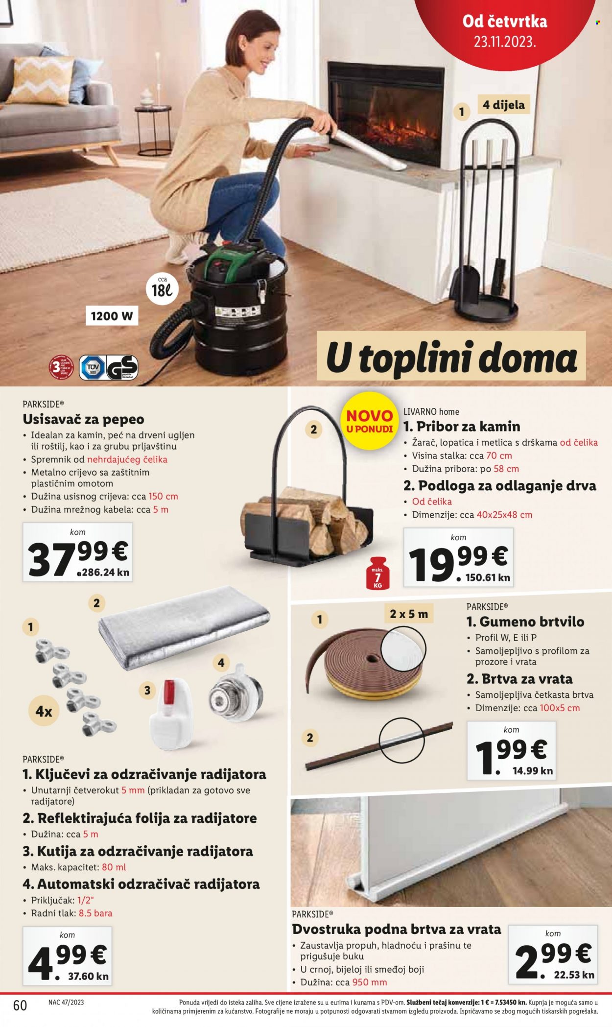thumbnail - Lidl katalog - 20.11.2023. - 26.11.2023. - Sniženi proizvodi - brtva za vrata, garnitura za kamin, Livarno Home, alat, usisavač, gumeno brtvilo, Parkside. Stranica 60.