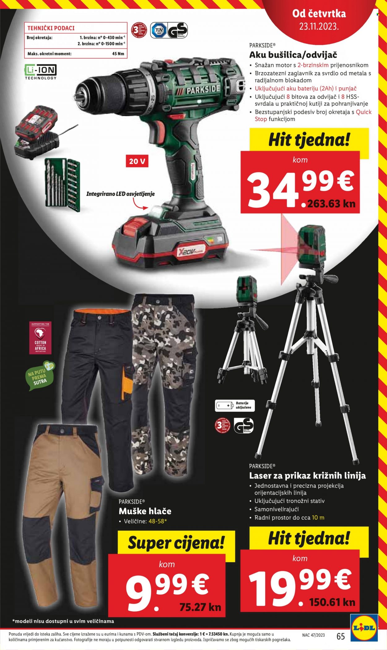 thumbnail - Lidl katalog - 20.11.2023. - 26.11.2023. - Sniženi proizvodi - laserska libela, aku bušilica, aku odvijač, odvijač, Parkside, hlače, muške hlače. Stranica 65.
