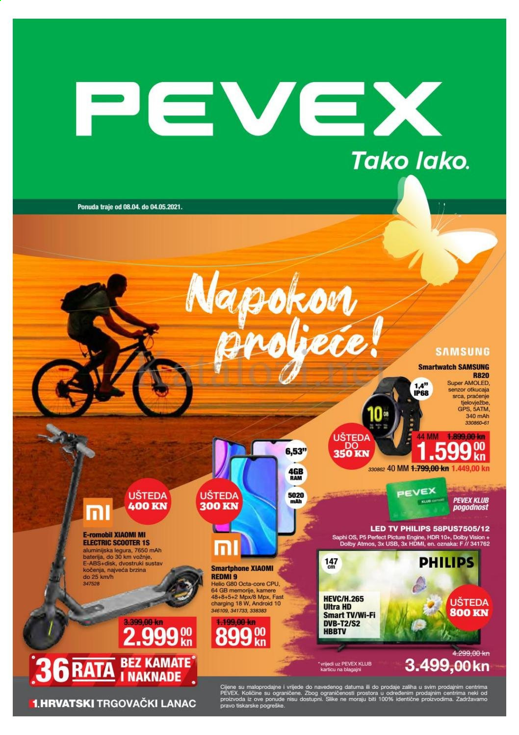 thumbnail - Pevex katalog - 08.04.2021. - 04.05.2021. - Sniženi proizvodi - Philips, Xiaomi, Samsung, smartphone, pametni sat, TV LED, Smart TV. Stranica 1.