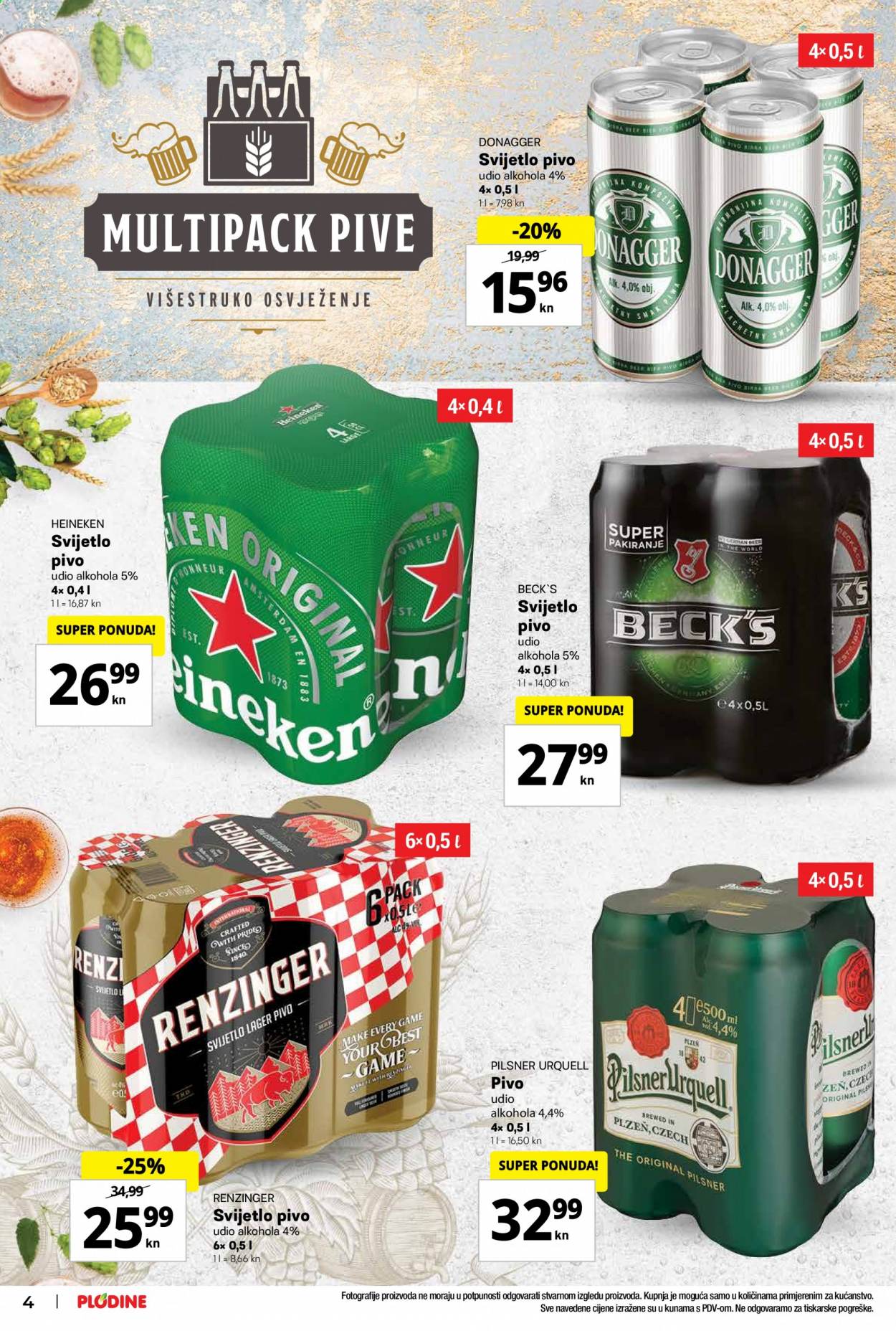 thumbnail - Plodine katalog - 22.07.2021. - 28.07.2021. - Sniženi proizvodi - Pilsner Urquell, pivo, svijetlo pivo, Beck's, Heineken. Stranica 4.