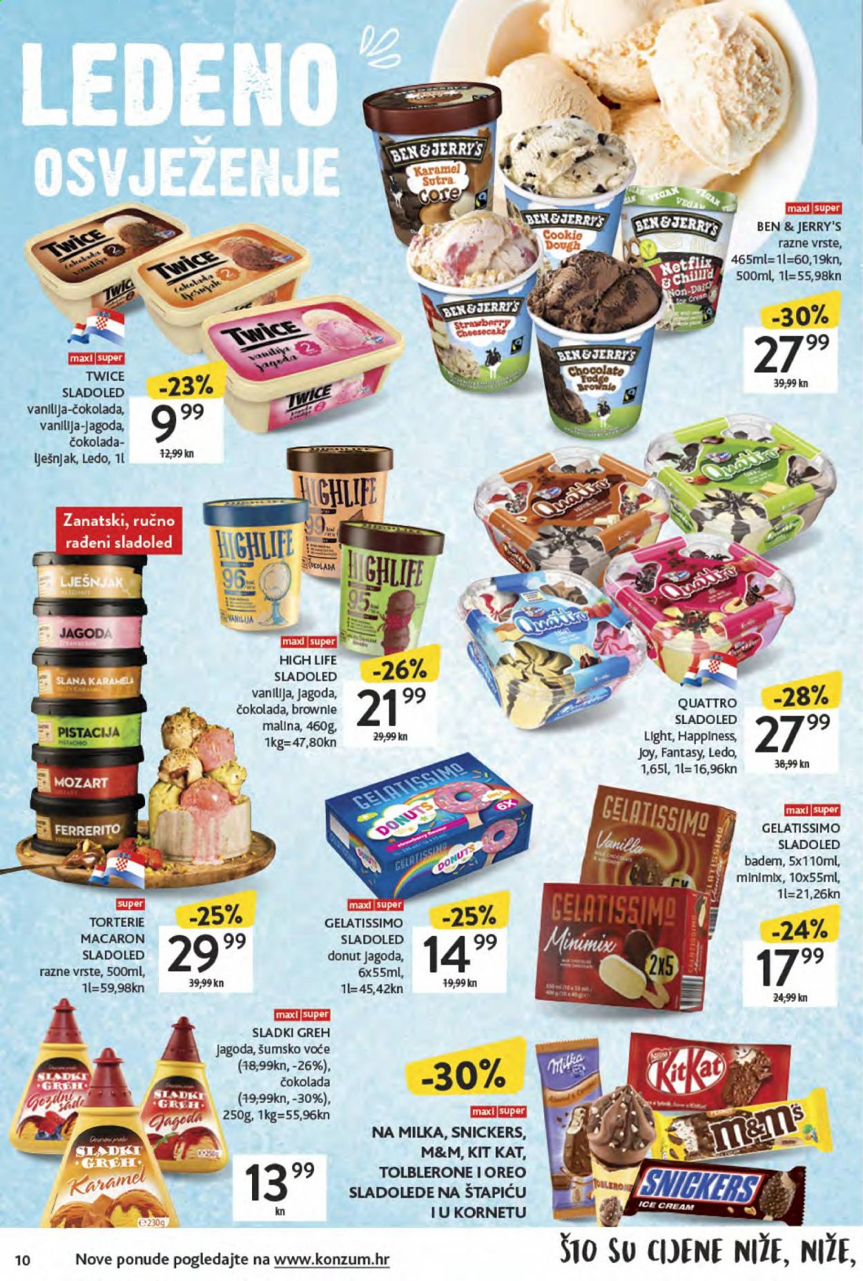 thumbnail - Konzum katalog - 29.07.2021. - 03.08.2021. - Sniženi proizvodi - donut, Ben & Jerry's, sladoled, Snickers, karamele, pistacije. Stranica 10.