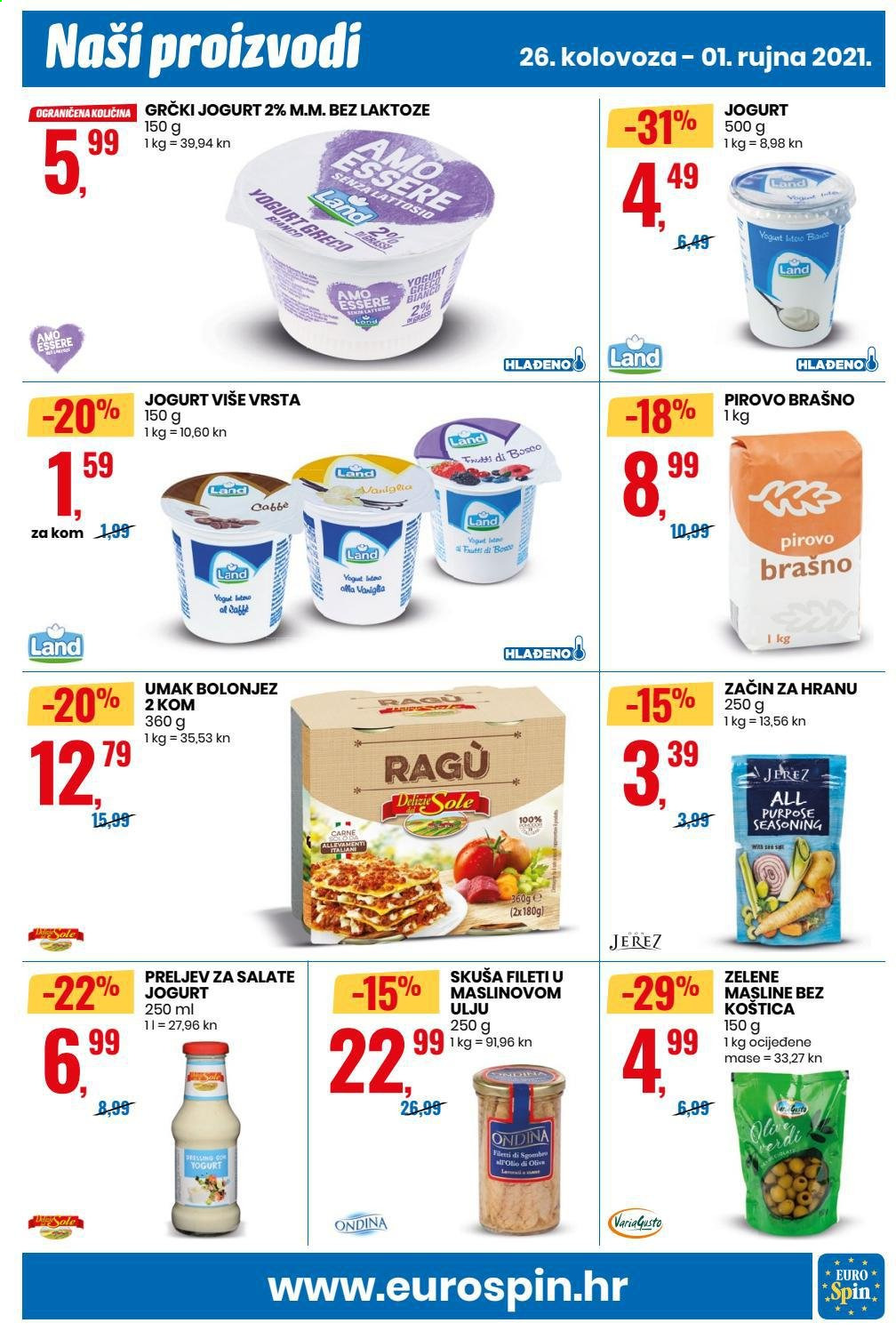 thumbnail - Eurospin katalog - 26.08.2021. - 01.09.2021. - Sniženi proizvodi - skuša, jogurt, grčki jogurt, brašno, začin za hranu, masline, Bose. Stranica 13.