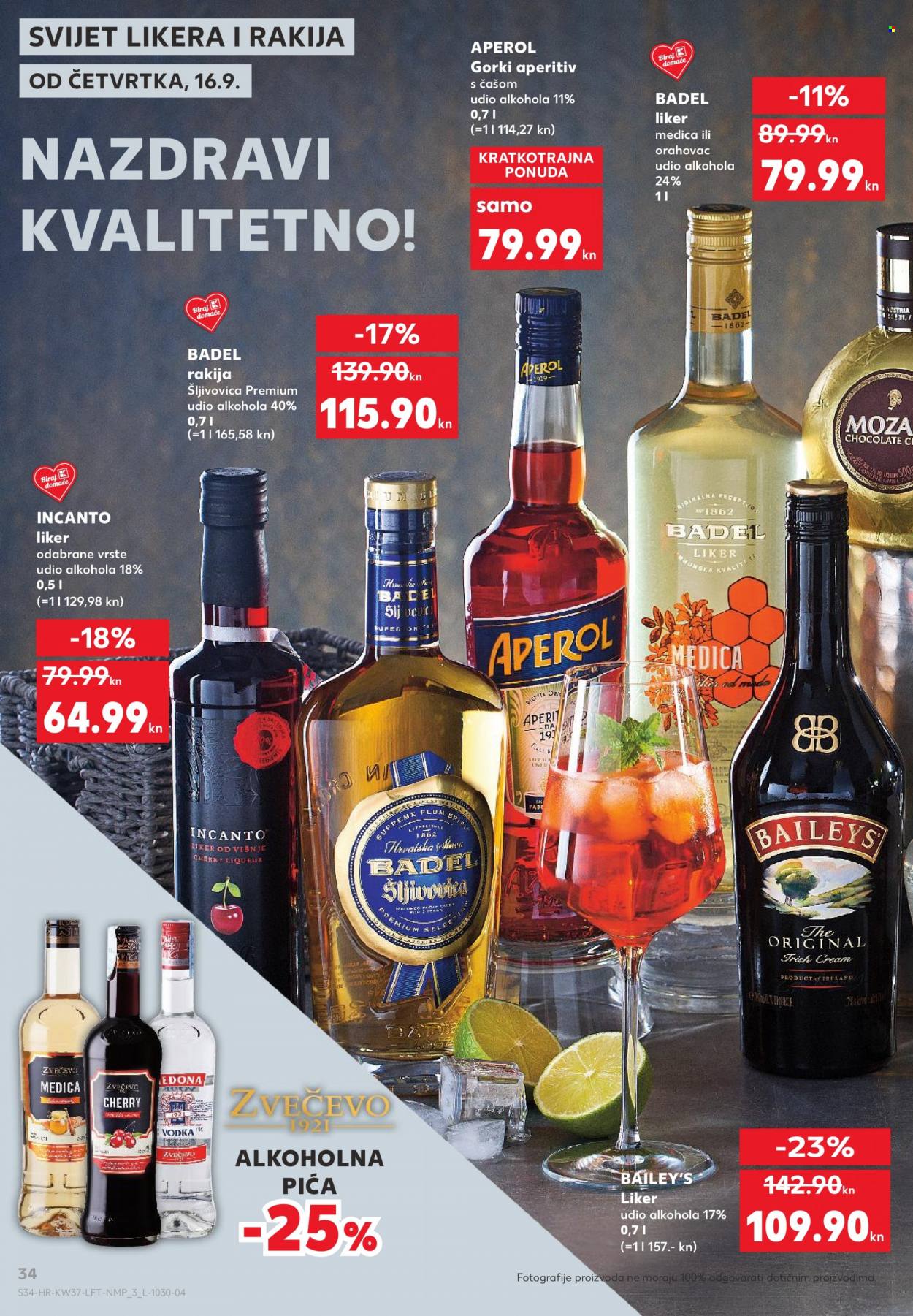 thumbnail - Kaufland katalog - 16.09.2021. - 22.09.2021. - Sniženi proizvodi - višnja, Aperol, liker, vodka, rakija. Stranica 34.
