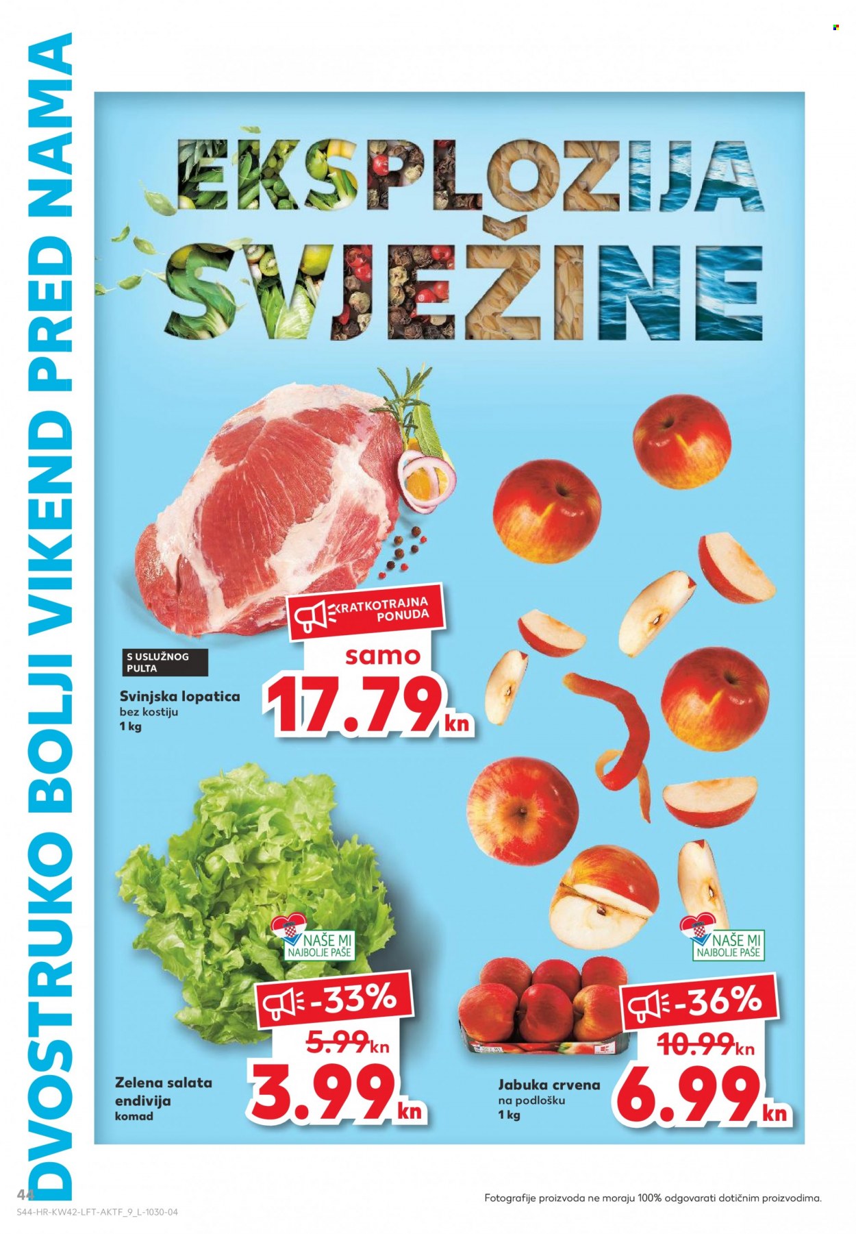 thumbnail - Kaufland katalog - 21.10.2021. - 27.10.2021. - Sniženi proizvodi - svinjsko meso, svinjska lopatica, endivija, zelena salata, salata, jabuka. Stranica 44.