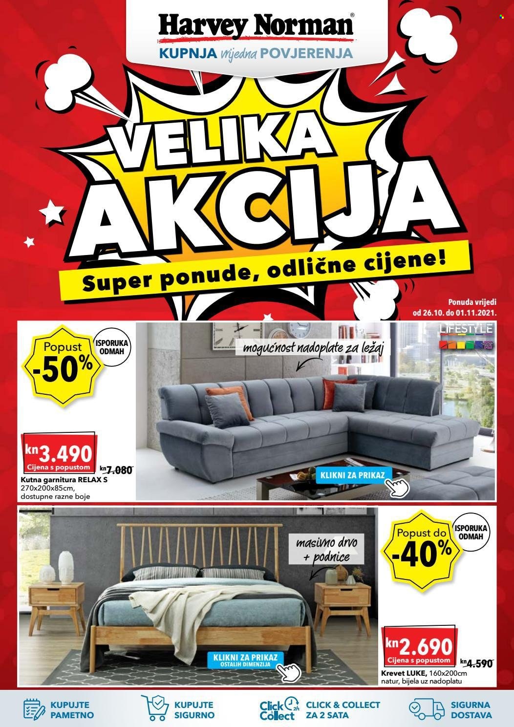 thumbnail - Harvey Norman katalog - 26.10.2021. - 01.11.2021. - Sniženi proizvodi - kutna garnitura, sjedeća garnitura, krevet. Stranica 1.