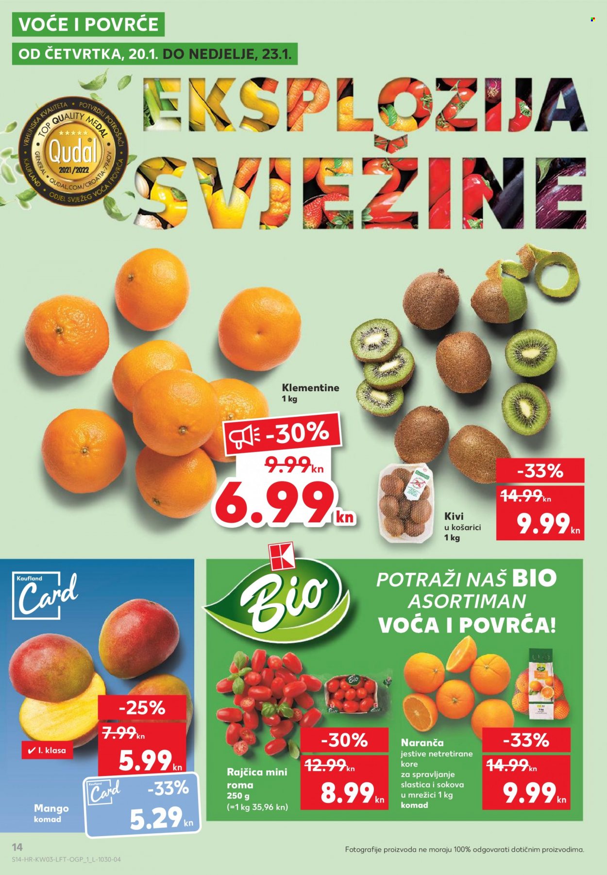 thumbnail - Kaufland katalog - 20.01.2022. - 26.01.2022. - Sniženi proizvodi - rajčica, kivi, mango, naranča. Stranica 14.