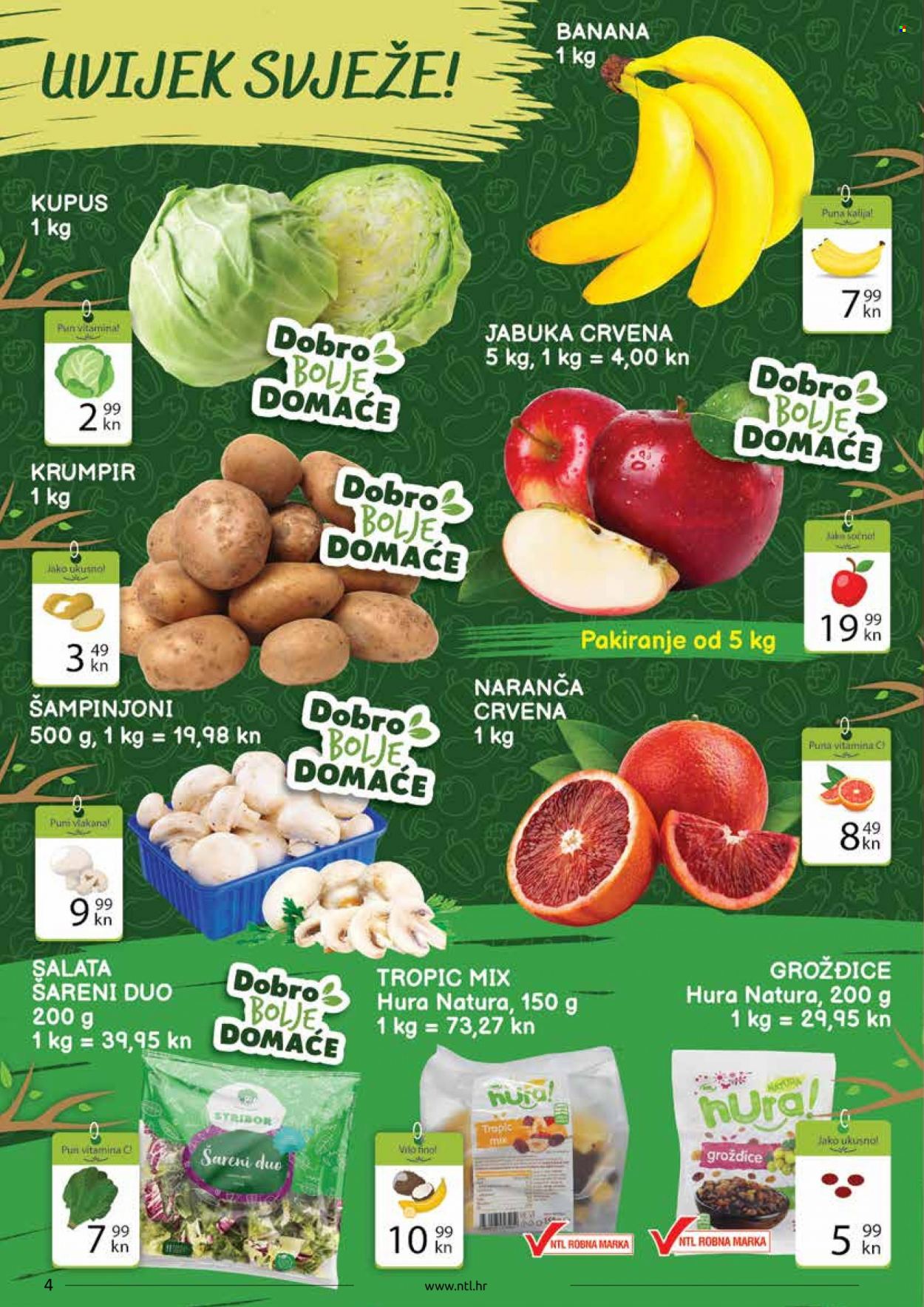 thumbnail - NTL katalog - 20.01.2022. - 26.01.2022. - Sniženi proizvodi - šampinjoni, krumpir, kupus, salata, banane, jabuka, naranča, grožđice. Stranica 4.