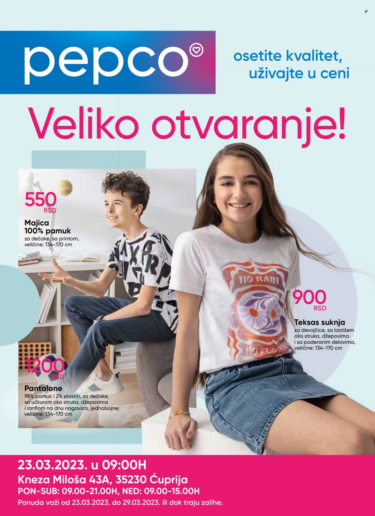thumbnail - Pepco katalog - 23.03.2023 - 29.03.2023 - Proizvodi na akciji - pantalone, suknja, majica, majica za dečake. Stranica 1.