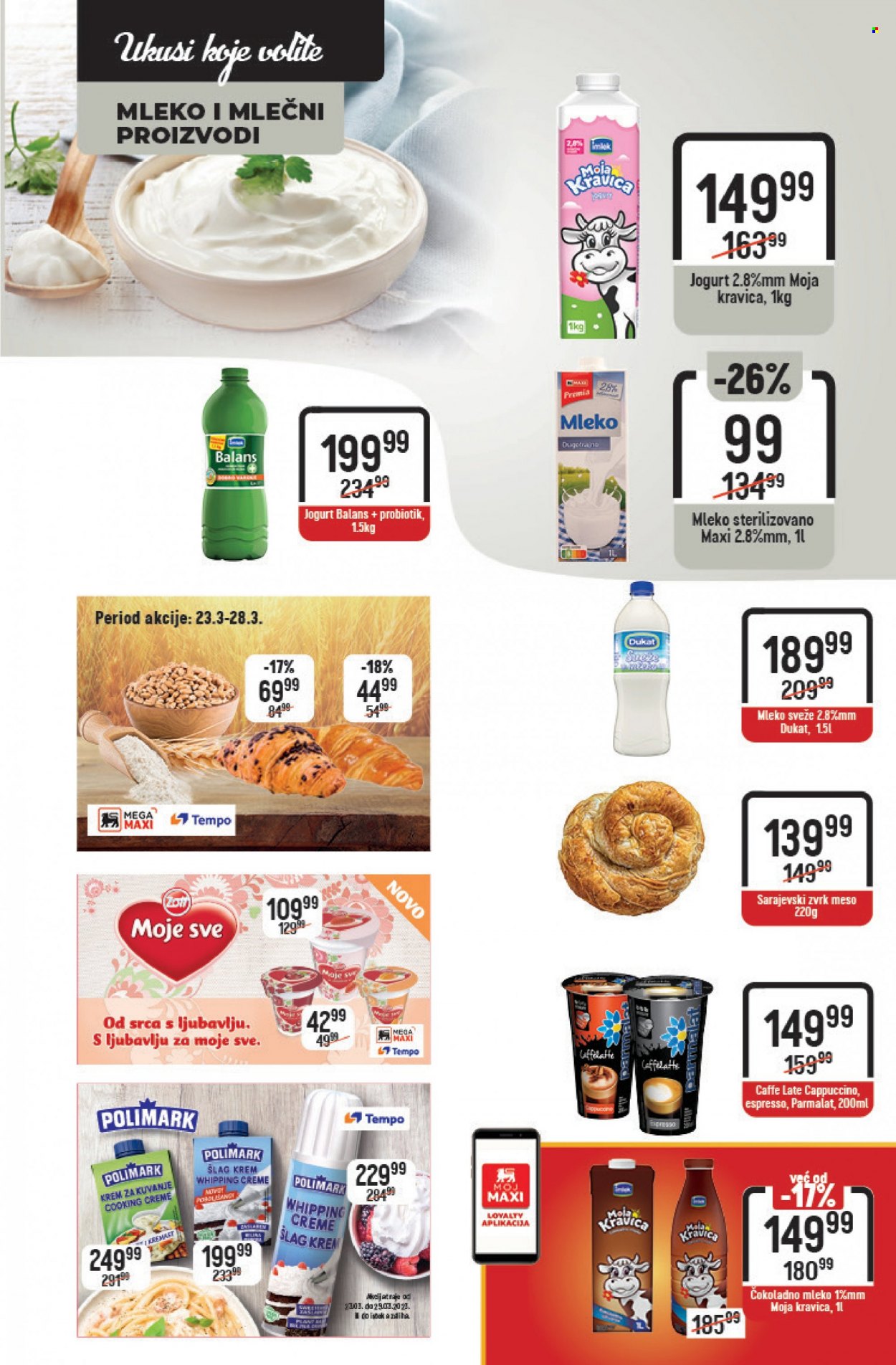thumbnail - Mega Maxi katalog - 23.03.2023 - 29.03.2023 - Proizvodi na akciji - dugotrajno mleko, mleko, Balans+, jogurt, cappuccino, kafa, Dukat, sveže mleko, pecivo, čokoladno mleko, Moja Kravica. Stranica 12.