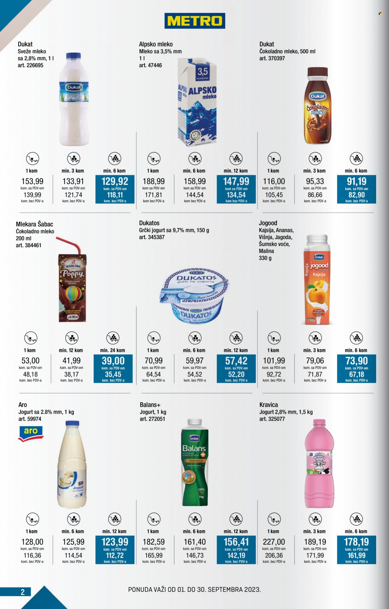 Metro katalog - 01.09.2023 - 30.09.2023 - Proizvodi na akciji - Dukat, mleko, sveže mleko, Alpsko, čokoladno mleko, napitak, Mlekara Šabac, Dukatos, grčki jogurt, jogurt, Jogood, mlečni napitak, Aro, Balans+. Stranica 2.