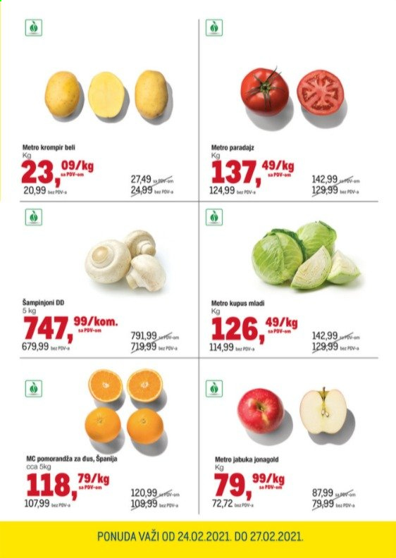 thumbnail - Metro katalog - 24.02.2021 - 27.02.2021 - Proizvodi na akciji - krompir, paradajz, kupus, pomorandža, jabuka, šampinjoni. Stranica 3.
