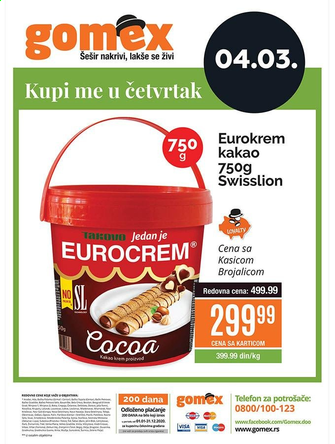 thumbnail - Gomex katalog - 04.03.2021 - 04.03.2021 - Proizvodi na akciji - Takovo, Swisslion, kakao krem, Eurocrem. Stranica 1.