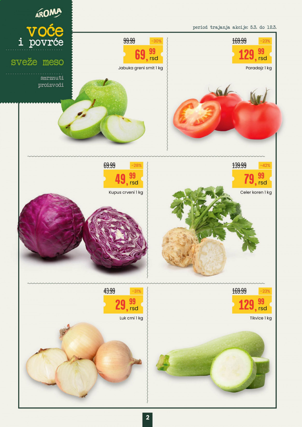thumbnail - Aroma Market katalog - 05.03.2021 - 18.03.2021 - Proizvodi na akciji - paradajz, crni luk, tikvica, kupus, celer, jabuka. Stranica 2.