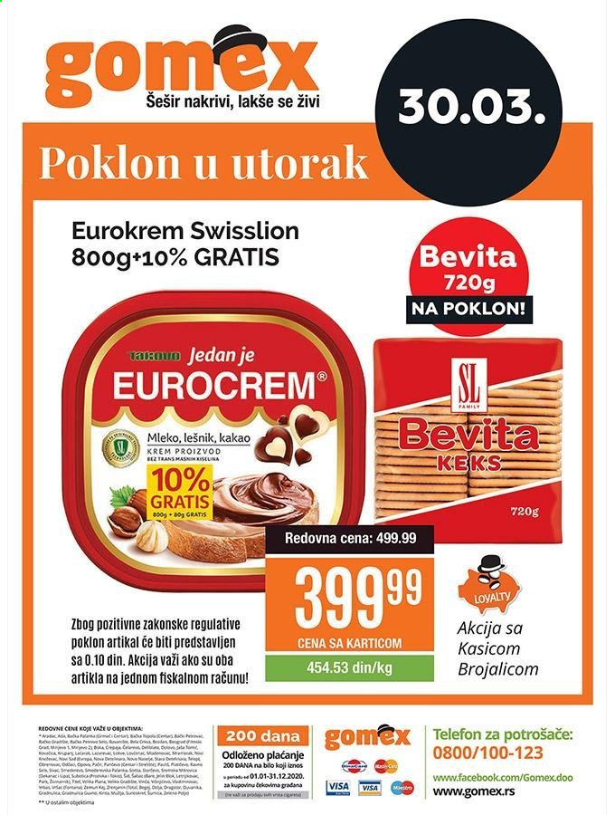 thumbnail - Gomex katalog - 30.03.2021 - 30.03.2021 - Proizvodi na akciji - mleko, keks, Swisslion, kakao krem, Eurocrem. Stranica 1.