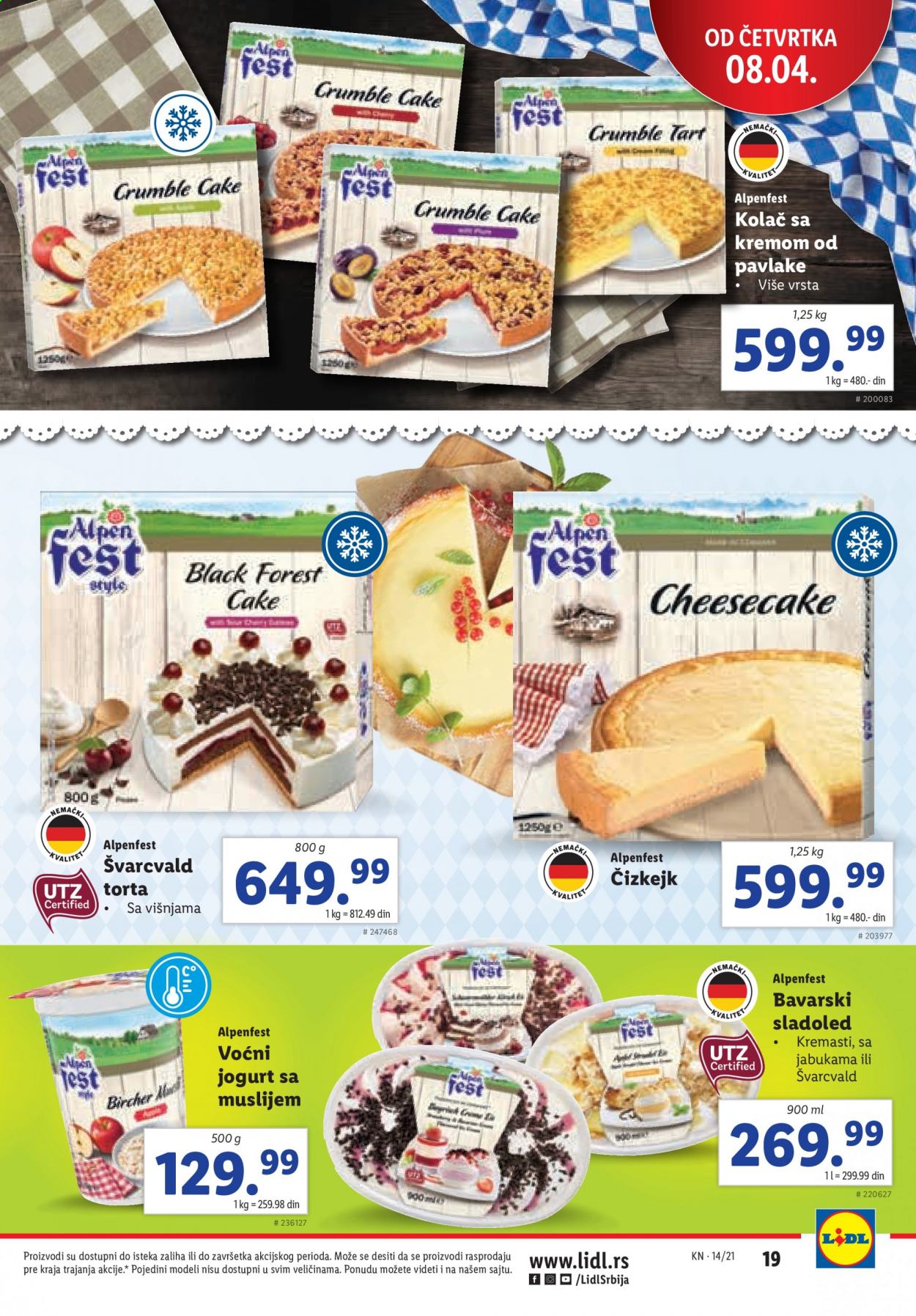 thumbnail - Lidl katalog - 08.04.2021 - 14.04.2021 - Proizvodi na akciji - torta, kolači, jogurt, sladoled. Stranica 19.