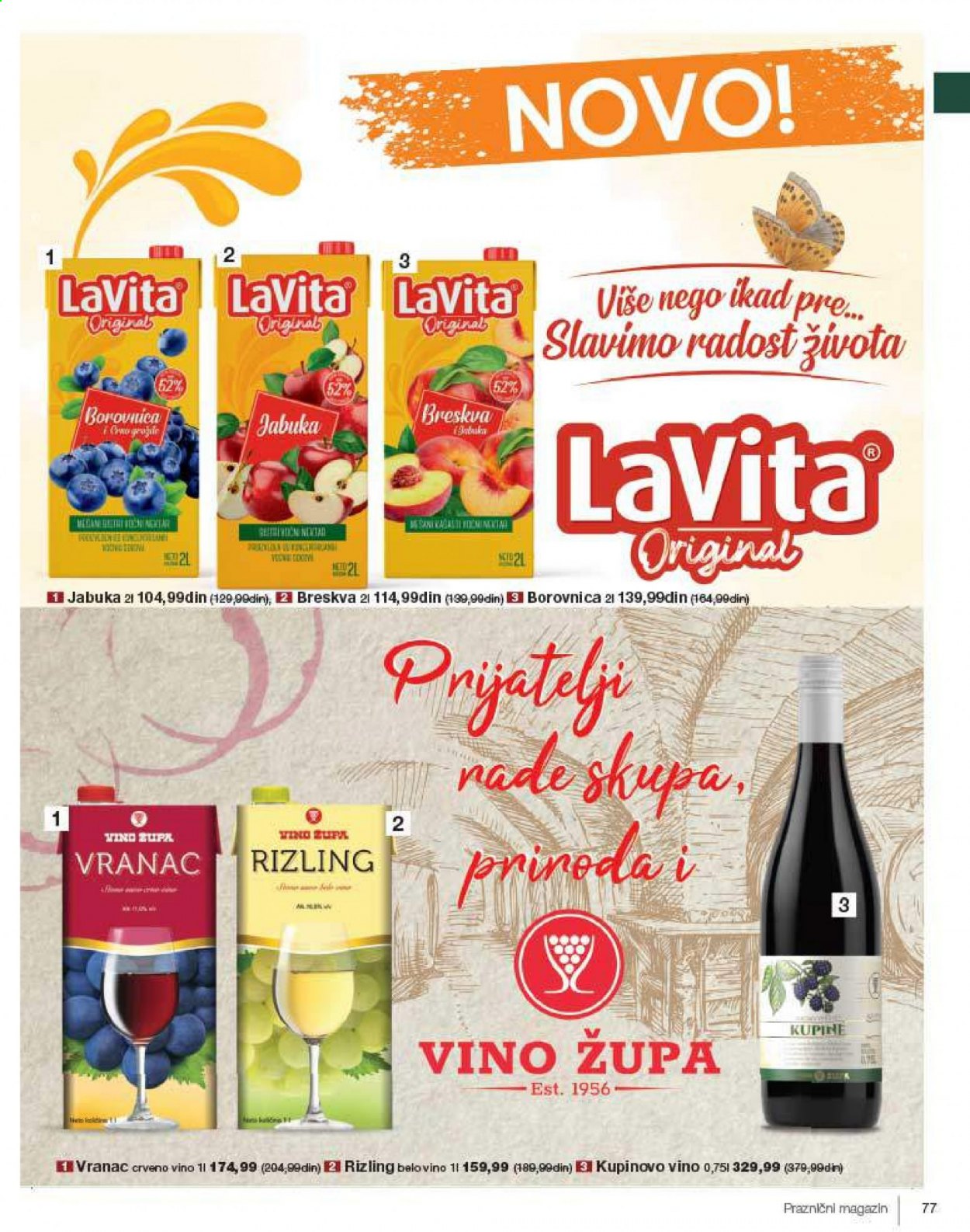 thumbnail - Idea katalog - 12.04.2021 - 09.05.2021 - Proizvodi na akciji - LaVita, crveno vino, Vino župa, belo vino, vino, Vranac, breskva, jabuka. Stranica 77.