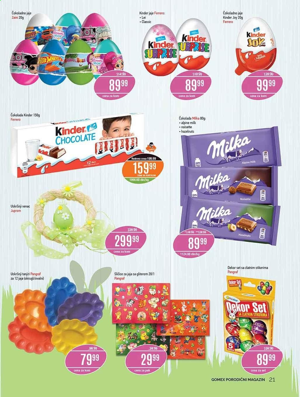 Gomex katalog - 16.04.2021 - 06.05.2021 - Proizvodi na akciji - Milka, čokolada, Kinder, čokoladno jaje, jaje sa igračkom. Stranica 21.