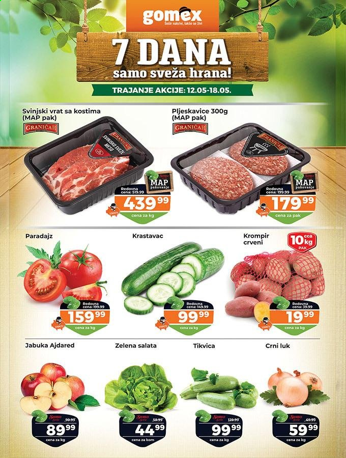 thumbnail - Gomex katalog - 12.05.2021 - 18.05.2021 - Proizvodi na akciji - vrat, pljeskavice, svinjski vrat, svinjsko meso, krompir, paradajz, salata, crni luk, tikvica, jabuka, krastavac. Stranica 1.