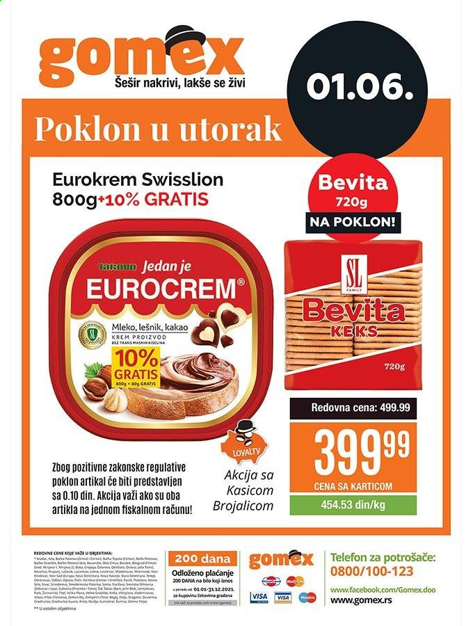 thumbnail - Gomex katalog - 01.06.2021 - 01.06.2021 - Proizvodi na akciji - mleko, keks, Swisslion, Eurocrem. Stranica 1.