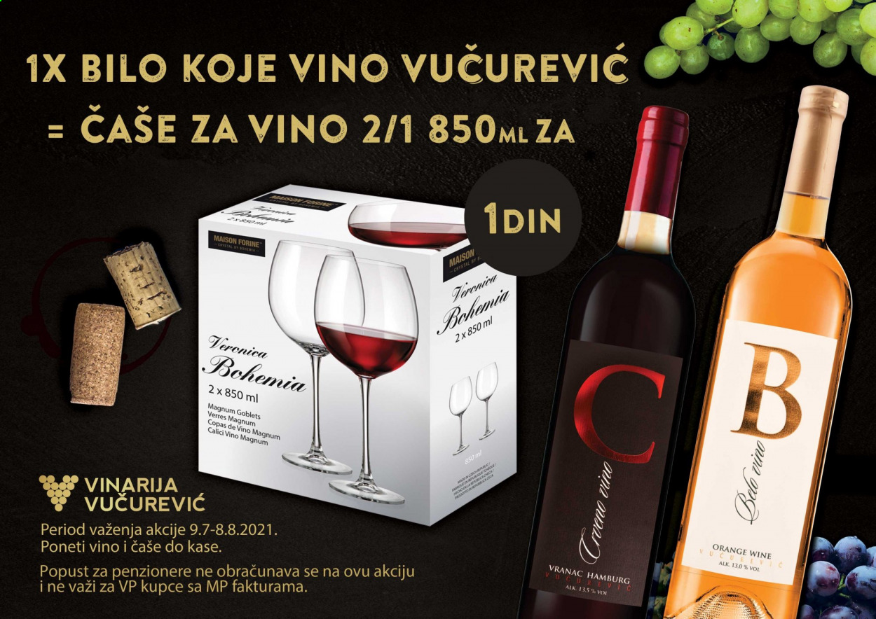 thumbnail - Univerexport katalog - 09.07.2021 - 08.08.2021 - Proizvodi na akciji - crveno vino, belo vino, Vranac, čaša. Stranica 1.