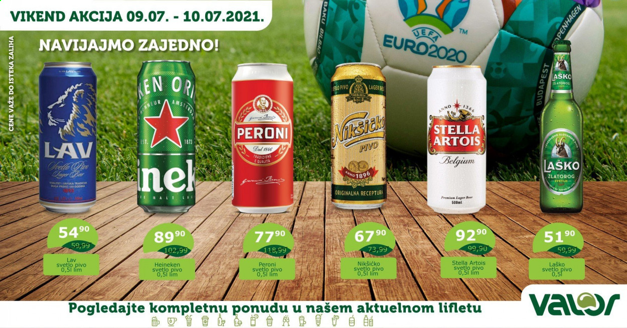 thumbnail - Valor katalog - 09.07.2021 - 10.07.2021 - Proizvodi na akciji - Heineken, Lav, Nikšićko, pivo svetle, Stella Artois, Zlatorog, Laško, pivo. Stranica 1.