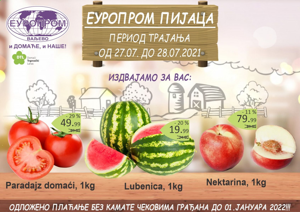 thumbnail - Europrom katalog - 27.07.2021 - 28.07.2021 - Proizvodi na akciji - paradajz, lubenica, nektarine. Stranica 1.