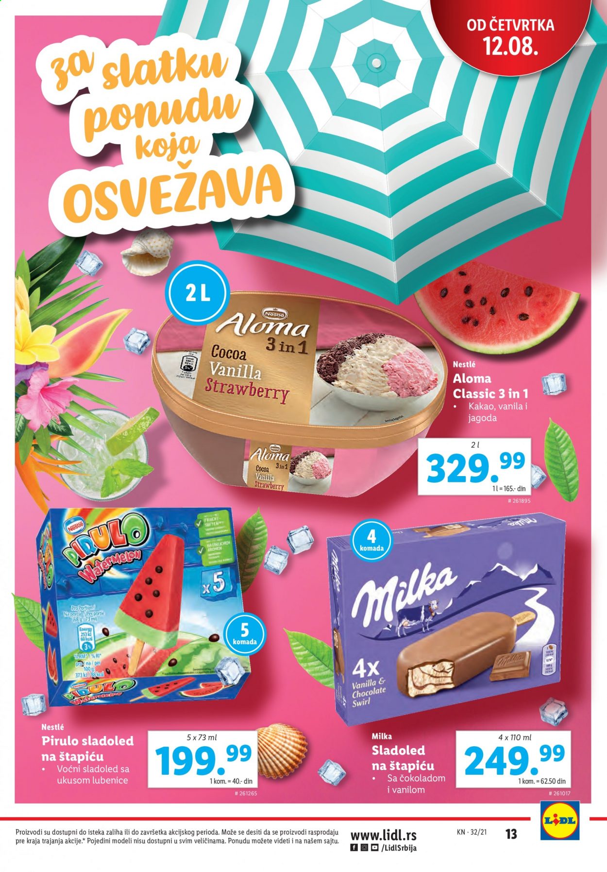 thumbnail - Lidl katalog - 12.08.2021 - 18.08.2021 - Proizvodi na akciji - Milka, Aloma, sladoled, Nestlé. Stranica 13.