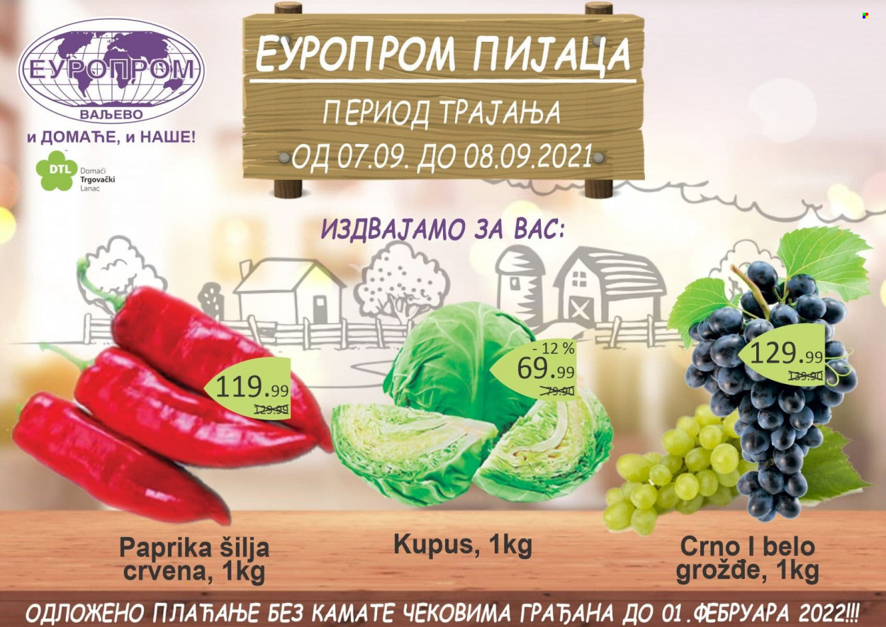 thumbnail - Europrom katalog - 07.09.2021 - 08.09.2021 - Proizvodi na akciji - paprika, paprika šilja, kupus, belo grožđe. Stranica 1.