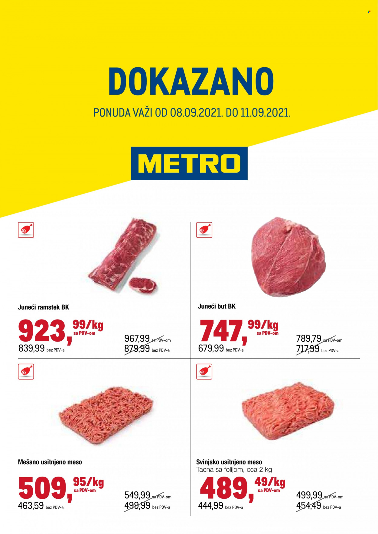 thumbnail - Metro katalog - 08.09.2021 - 11.09.2021 - Proizvodi na akciji - juneći but, juneće meso, ramstek, mešano mleveno meso, mleveno meso, svinjsko mleveno meso, svinjsko meso. Stranica 1.