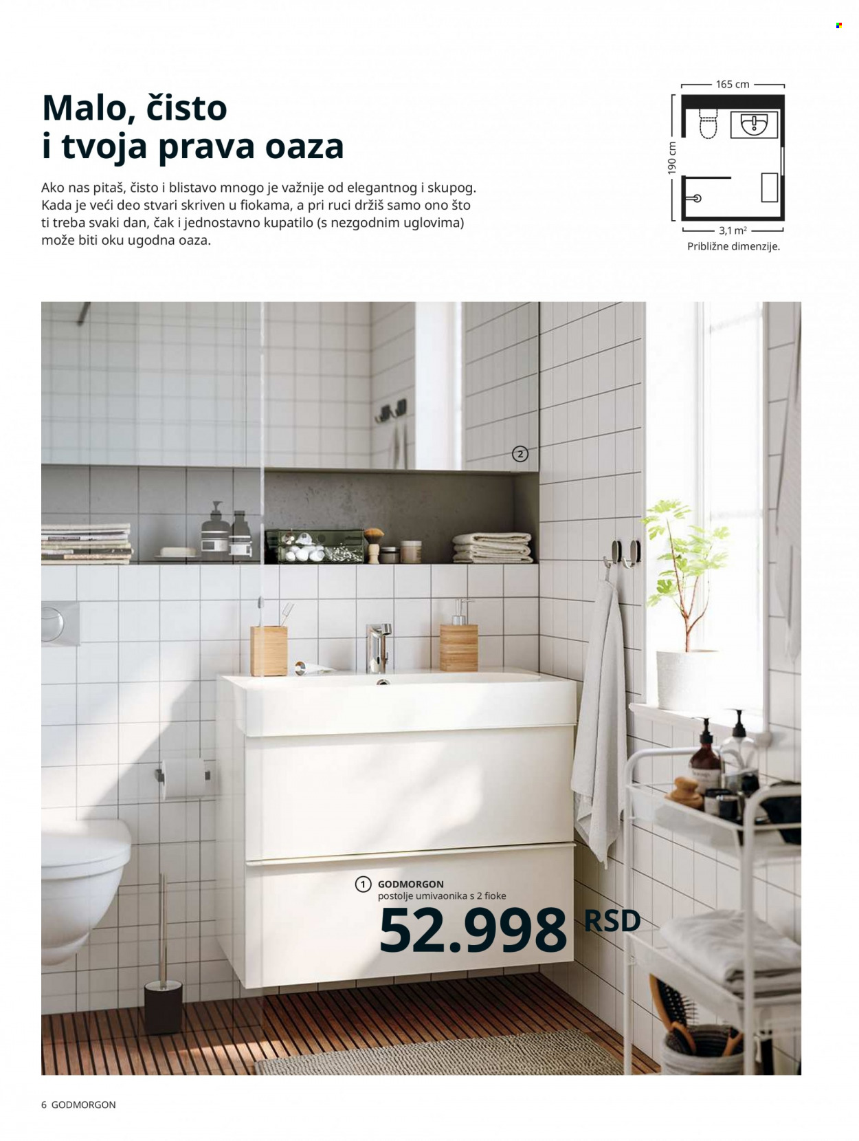 thumbnail - IKEA katalog - Proizvodi na akciji - ogledalo, dozer tečnog sapuna, aluminijumska folija, fiokice, polica, postolje umivaonika, sto, fioke, slavina. Stranica 6.
