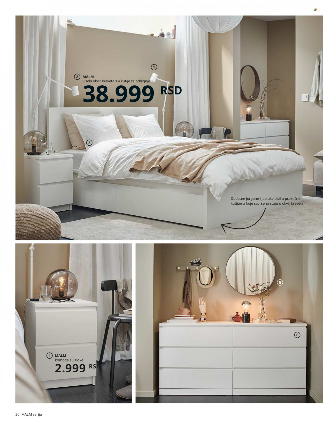 thumbnail - IKEA katalog - Proizvodi na akciji - kutija, ogledalo, aluminijumska folija, jastučnica, jorganska navlaka, komoda, Malm, krevet, ram kreveta, dušek, fioke, lampa. Stranica 20.