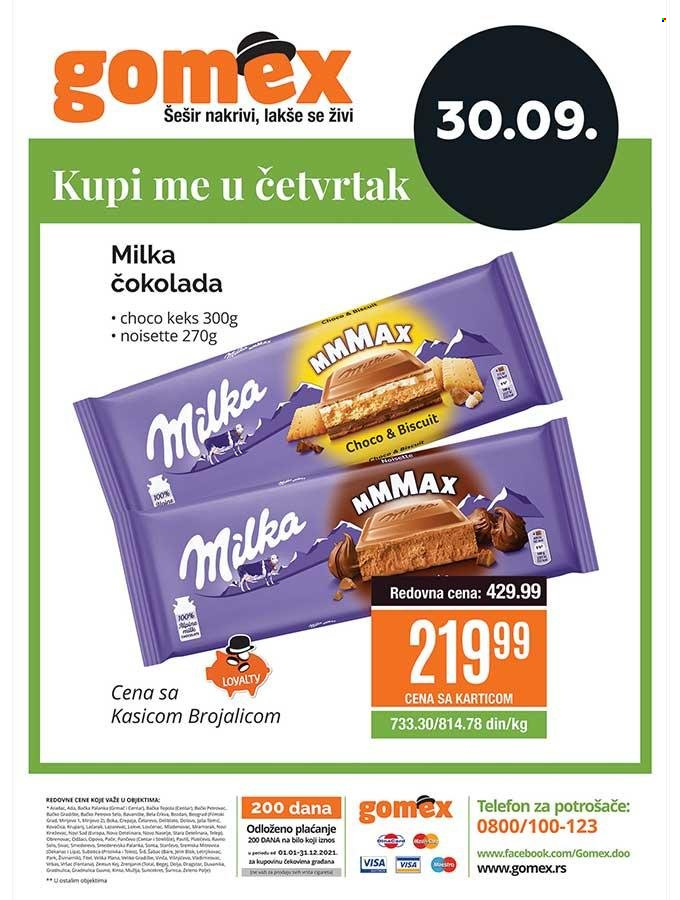 thumbnail - Gomex katalog - 30.09.2021 - 30.09.2021 - Proizvodi na akciji - Milka, čokolada, keks. Stranica 1.