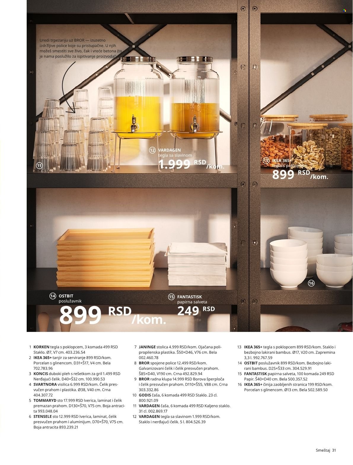 thumbnail - IKEA katalog - Proizvodi na akciji - čaša, činija, tanjir, posuda, poslužavnik, tegla, polica, sto, stolica, klupa, visilica. Stranica 31.