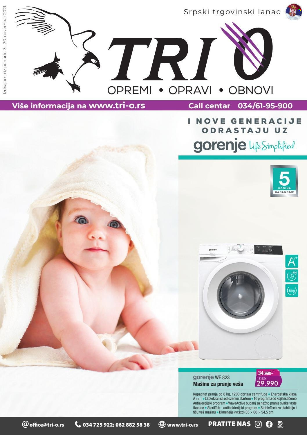 thumbnail - Tri O katalog - 03.11.2021 - 30.11.2021 - Proizvodi na akciji - Gorenje, mašina za pranje veša. Stranica 1.