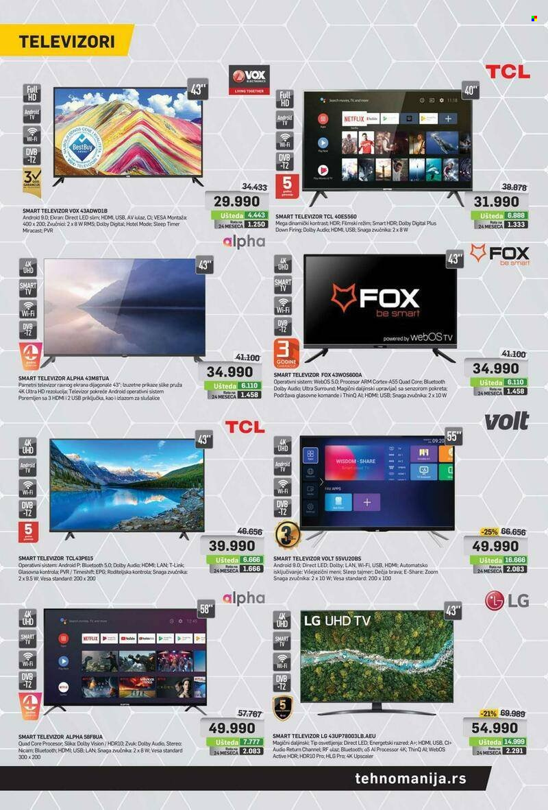 thumbnail - Tehnomanija katalog - 04.11.2021 - 30.11.2021 - Proizvodi na akciji - LG, TCL, alpha, FOX be smart, smart televizor, televizor, UHD TV, Volt, android TV, VOX. Stranica 4.