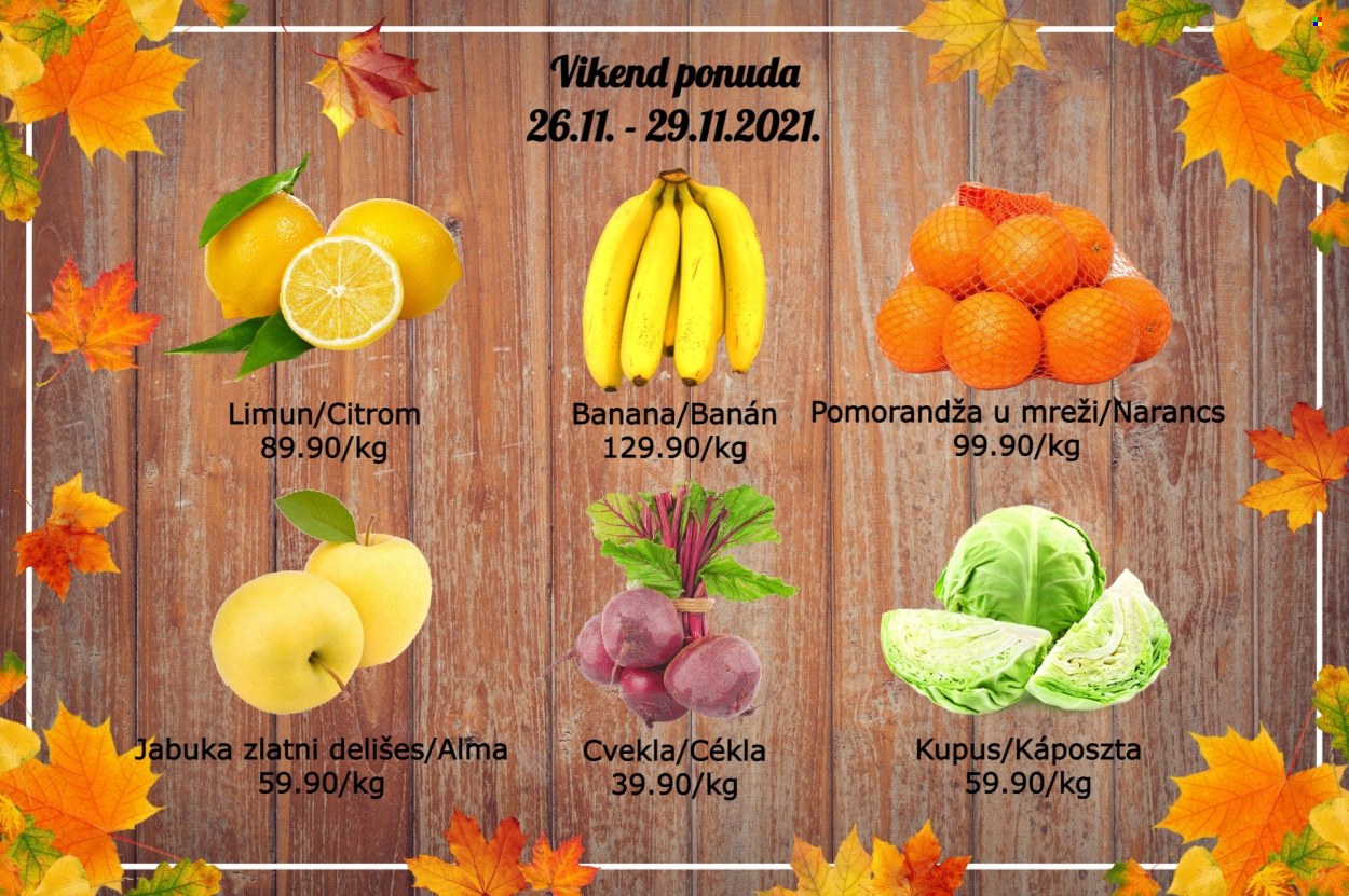 thumbnail - Senta Promet katalog - 26.11.2021 - 29.11.2021 - Proizvodi na akciji - cvekla, kupus, limun, banana, pomorandža, jabuka. Stranica 1.