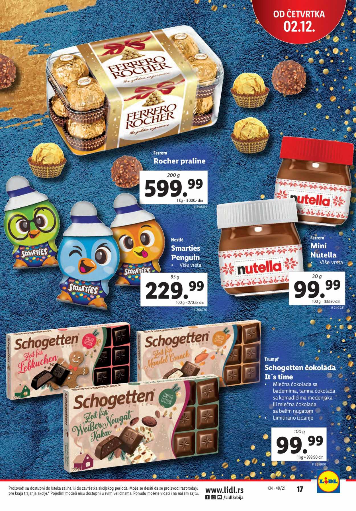 thumbnail - Lidl katalog - 02.12.2021 - 08.12.2021 - Proizvodi na akciji - čokolada, smarties, Nutella, Nestlé, Schogetten, praline, Ferrero, kakao. Stranica 17.