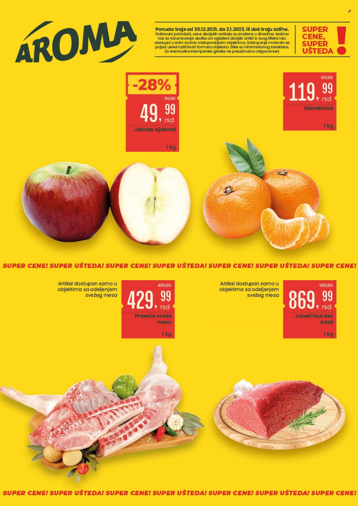 thumbnail - Aroma Market katalog - 30.12.2021 - 02.01.2022 - Proizvodi na akciji - juneći but, juneće meso, jabuka, mandarina. Stranica 1.