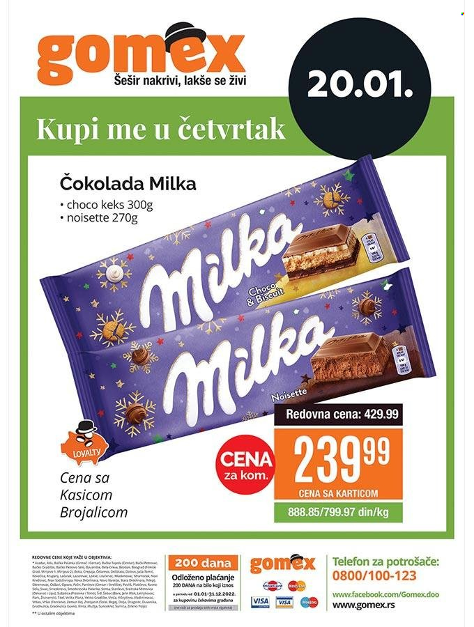 thumbnail - Gomex katalog - 20.01.2022 - 20.01.2022 - Proizvodi na akciji - Milka, čokolada, keks. Stranica 1.