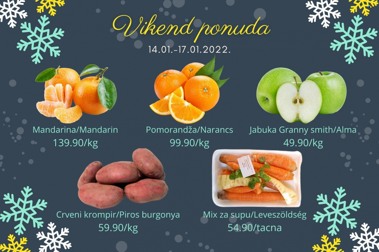 thumbnail - Senta Promet katalog - 14.01.2022 - 17.01.2022 - Proizvodi na akciji - crveni krompir, krompir, Granny Smith, pomorandža, jabuka, mandarina, tacna. Stranica 1.