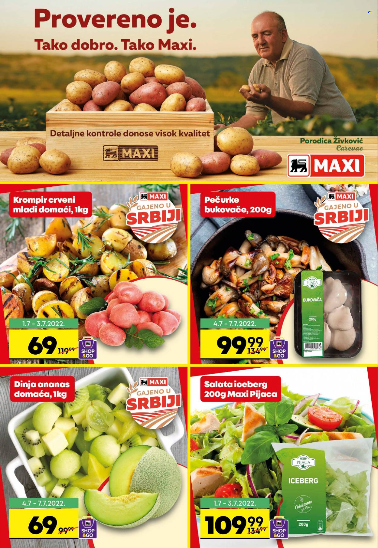 thumbnail - Maxi katalog - 30.06.2022 - 06.07.2022 - Proizvodi na akciji - krompir, salata, ananas, dinja, bukovača, pečurki, Dobro. Stranica 2.