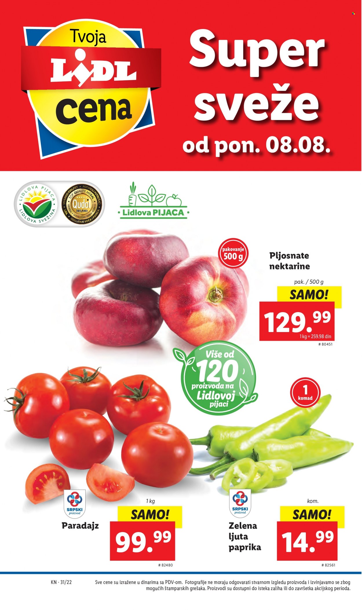 thumbnail - Lidl katalog - 04.08.2022 - 10.08.2022 - Proizvodi na akciji - paprika, paradajz, nektarine. Stranica 46.