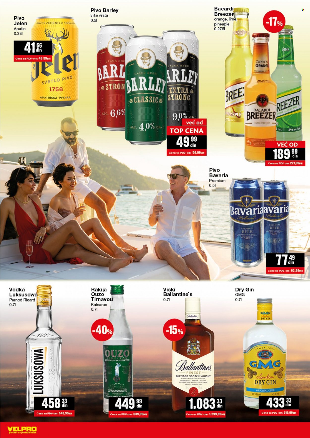thumbnail - Velpro katalog - 15.08.2022 - 10.09.2022 - Proizvodi na akciji - Jelen, pivo svetle, Bavaria, pivo, dry gin, gin, rum, whisky, vodka, Ballantine's, rakija. Stranica 16.