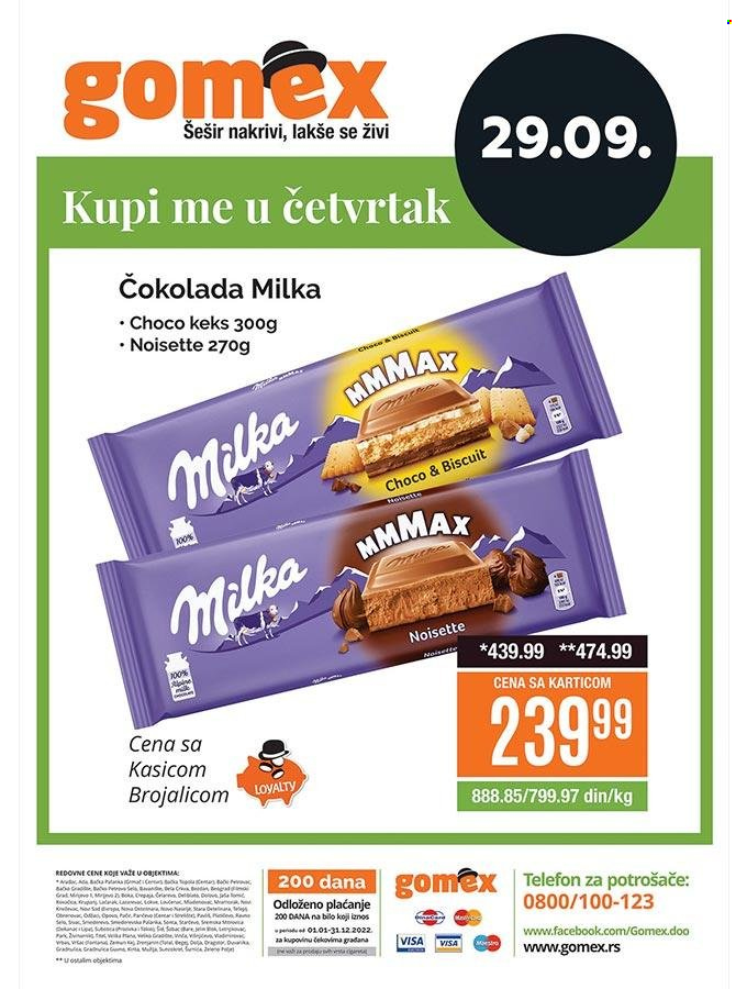 thumbnail - Gomex katalog - 29.09.2022 - 29.09.2022 - Proizvodi na akciji - Milka, čokolada, keks, šešir. Stranica 1.